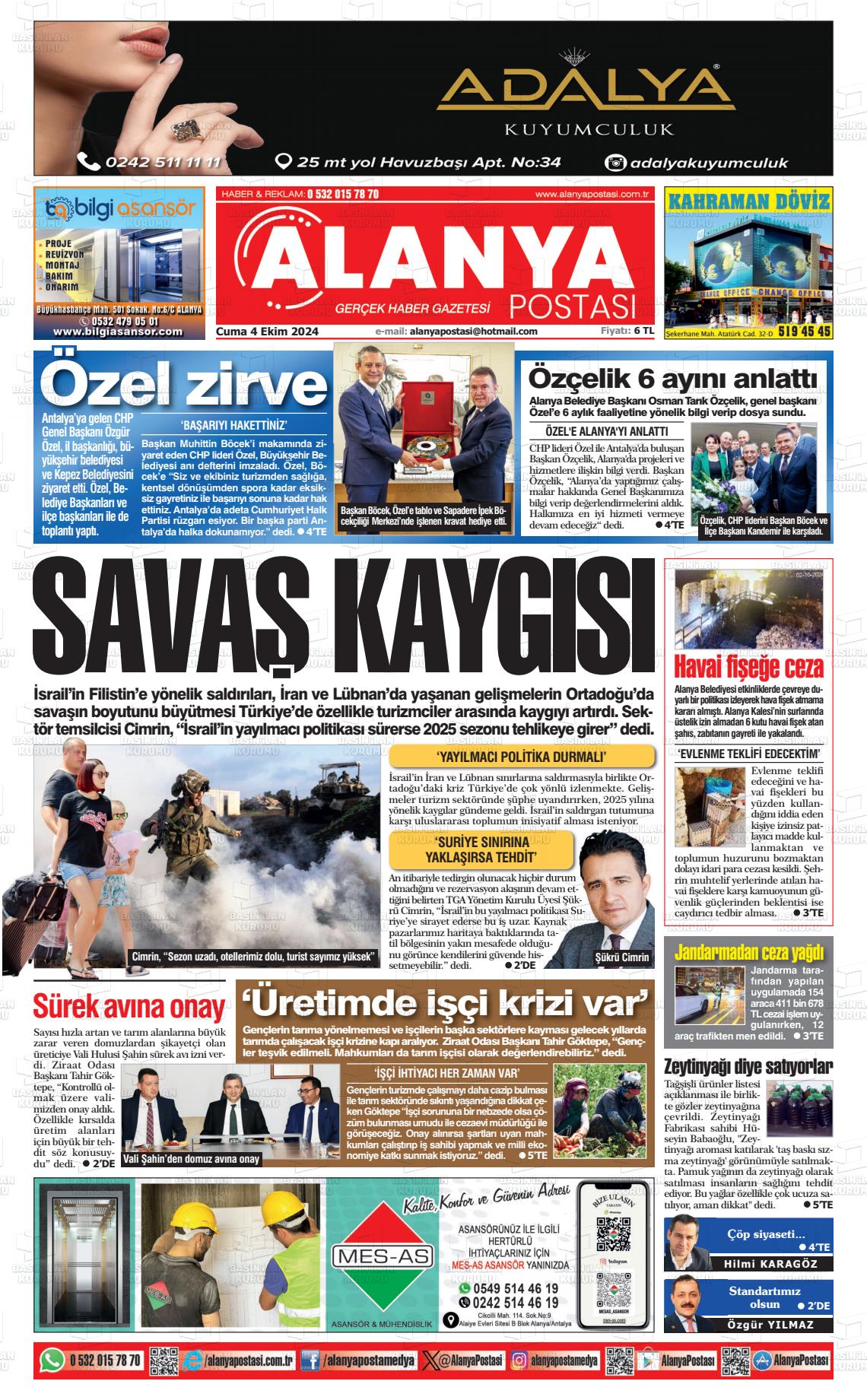 04 Ekim 2024 Alanya Postası Gazete Manşeti