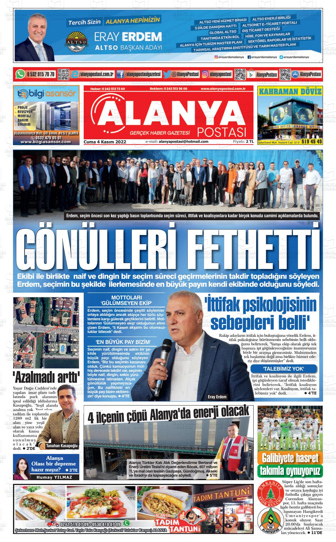 04 Kasım 2022 Alanya Postası Gazete Manşeti