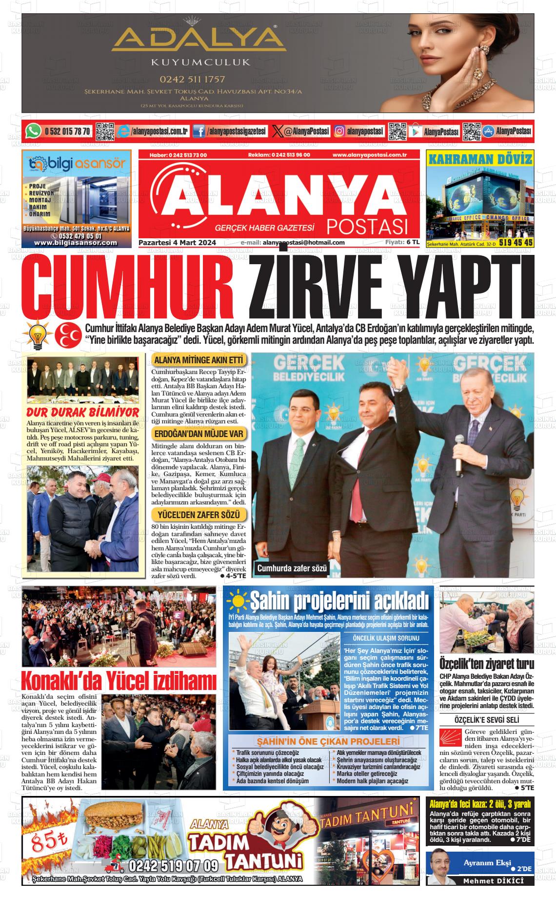 04 Mart 2024 Alanya Postası Gazete Manşeti