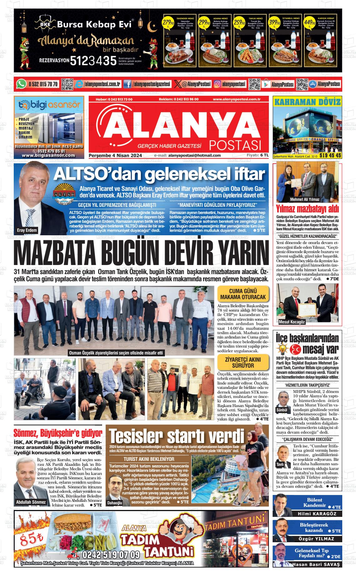 04 Nisan 2024 Alanya Postası Gazete Manşeti