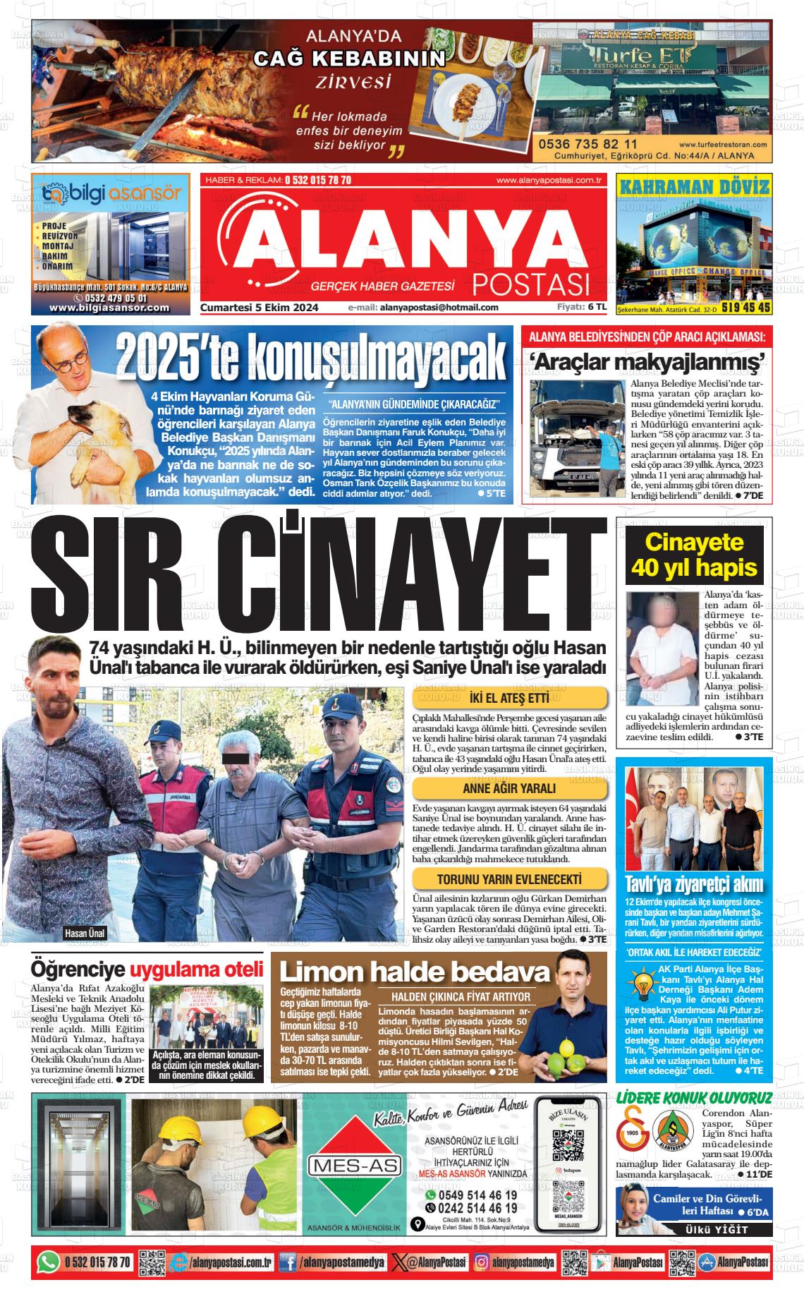 05 Ekim 2024 Alanya Postası Gazete Manşeti