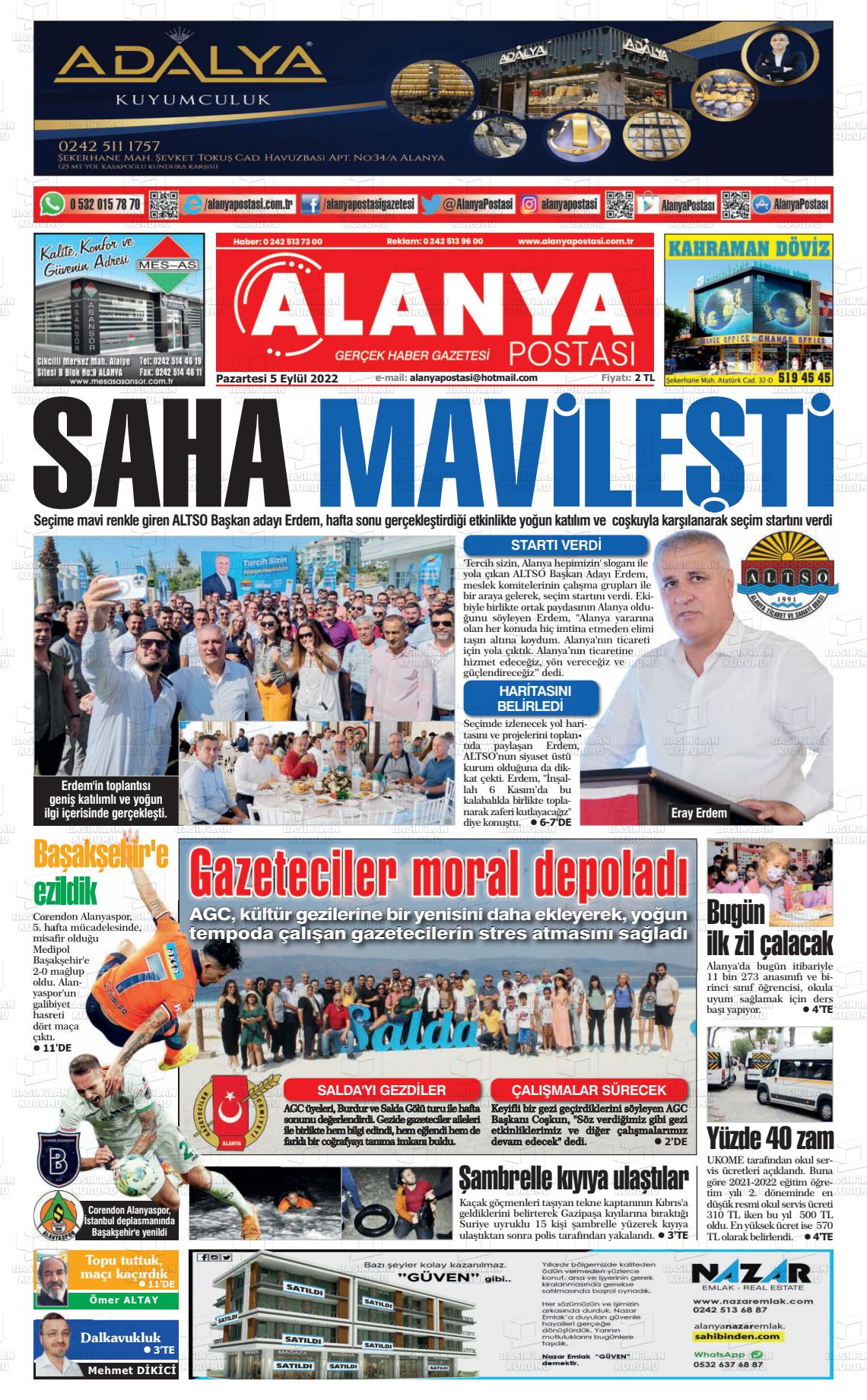 05 Eylül 2022 Alanya Postası Gazete Manşeti