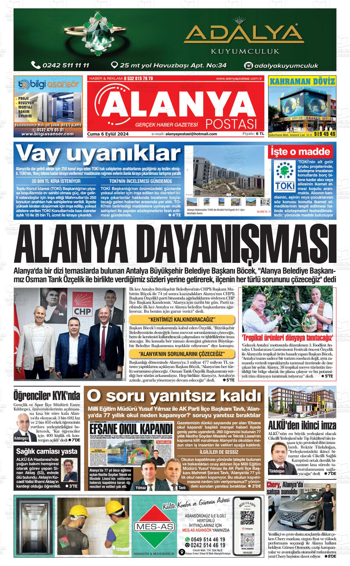 06 Eylül 2024 Alanya Postası Gazete Manşeti