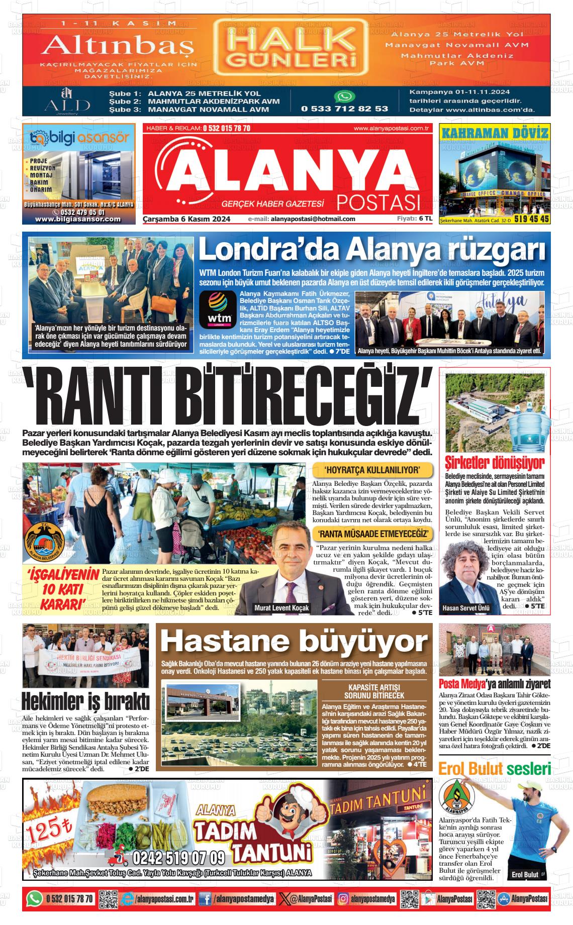 06 Kasım 2024 Alanya Postası Gazete Manşeti