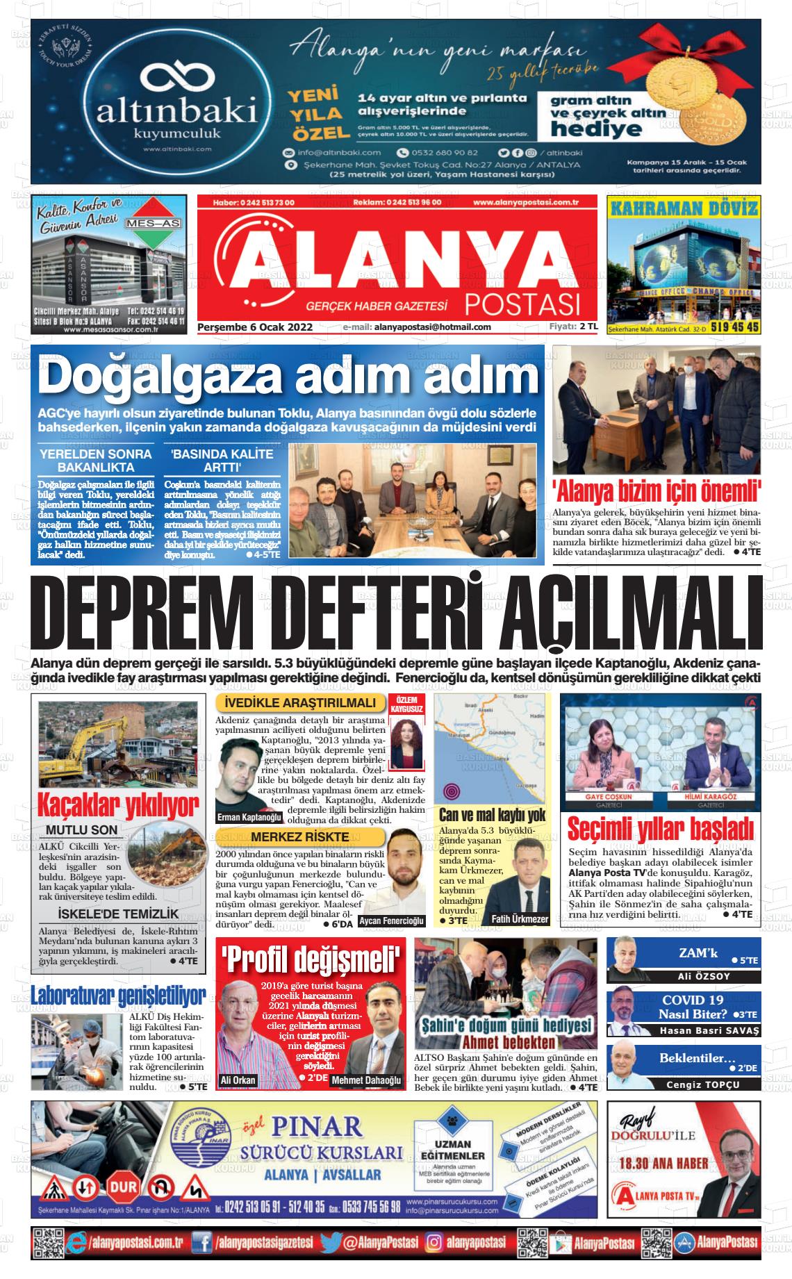 06 Ocak 2022 Alanya Postası Gazete Manşeti