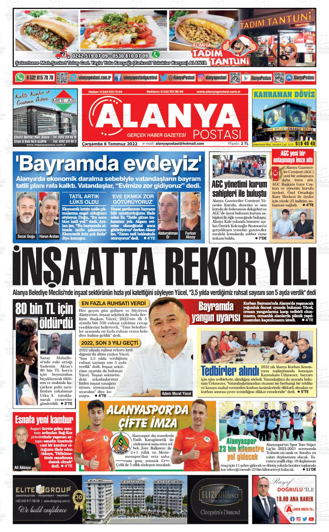 06 Temmuz 2022 Alanya Postası Gazete Manşeti