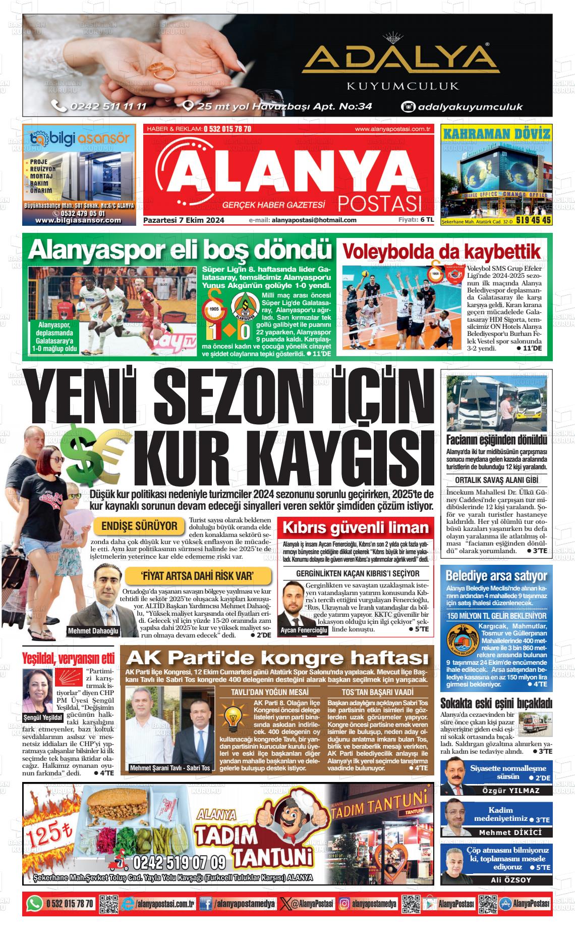 07 Ekim 2024 Alanya Postası Gazete Manşeti