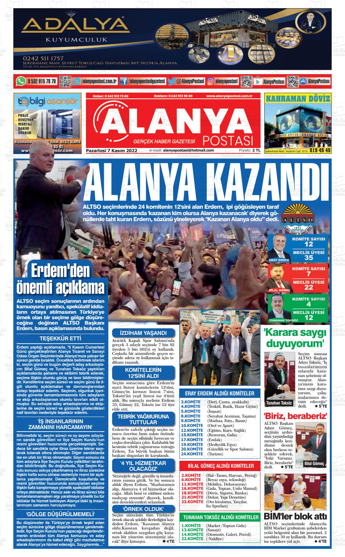 07 Kasım 2022 Alanya Postası Gazete Manşeti