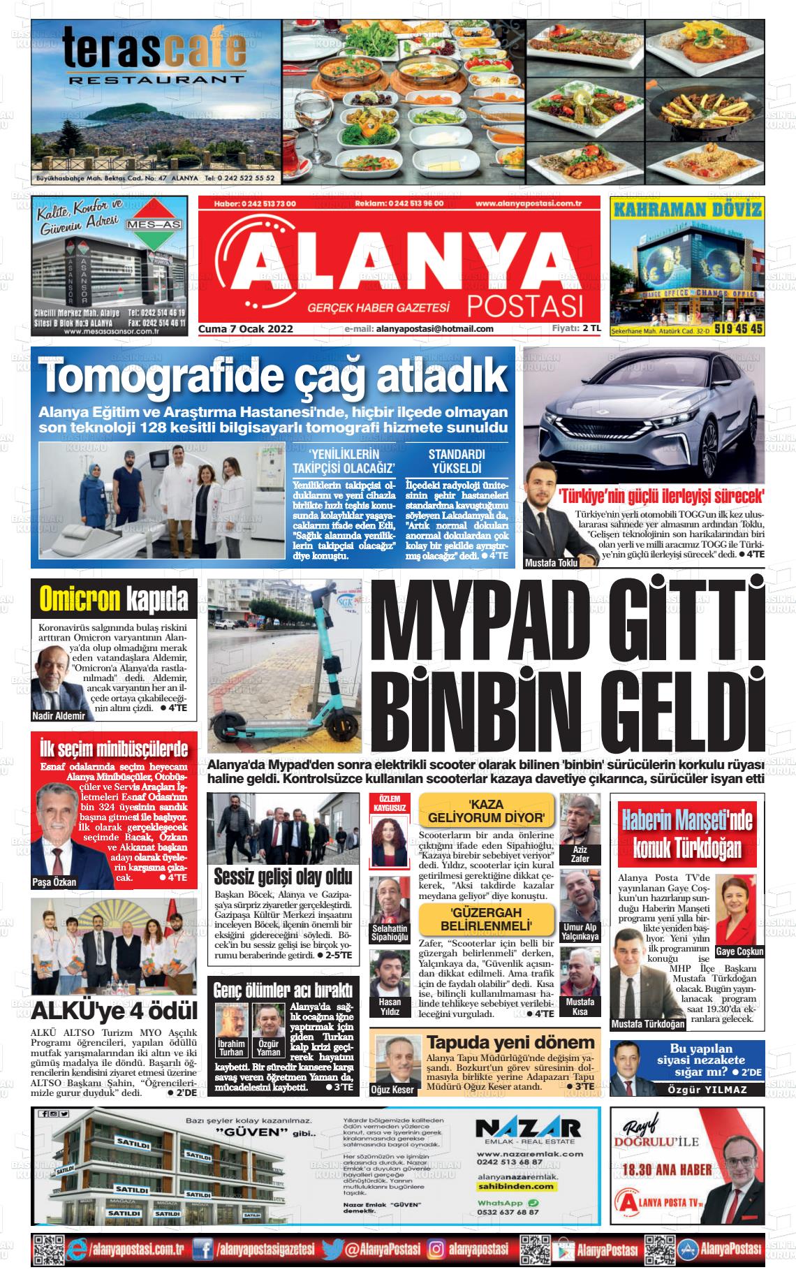 07 Ocak 2022 Alanya Postası Gazete Manşeti