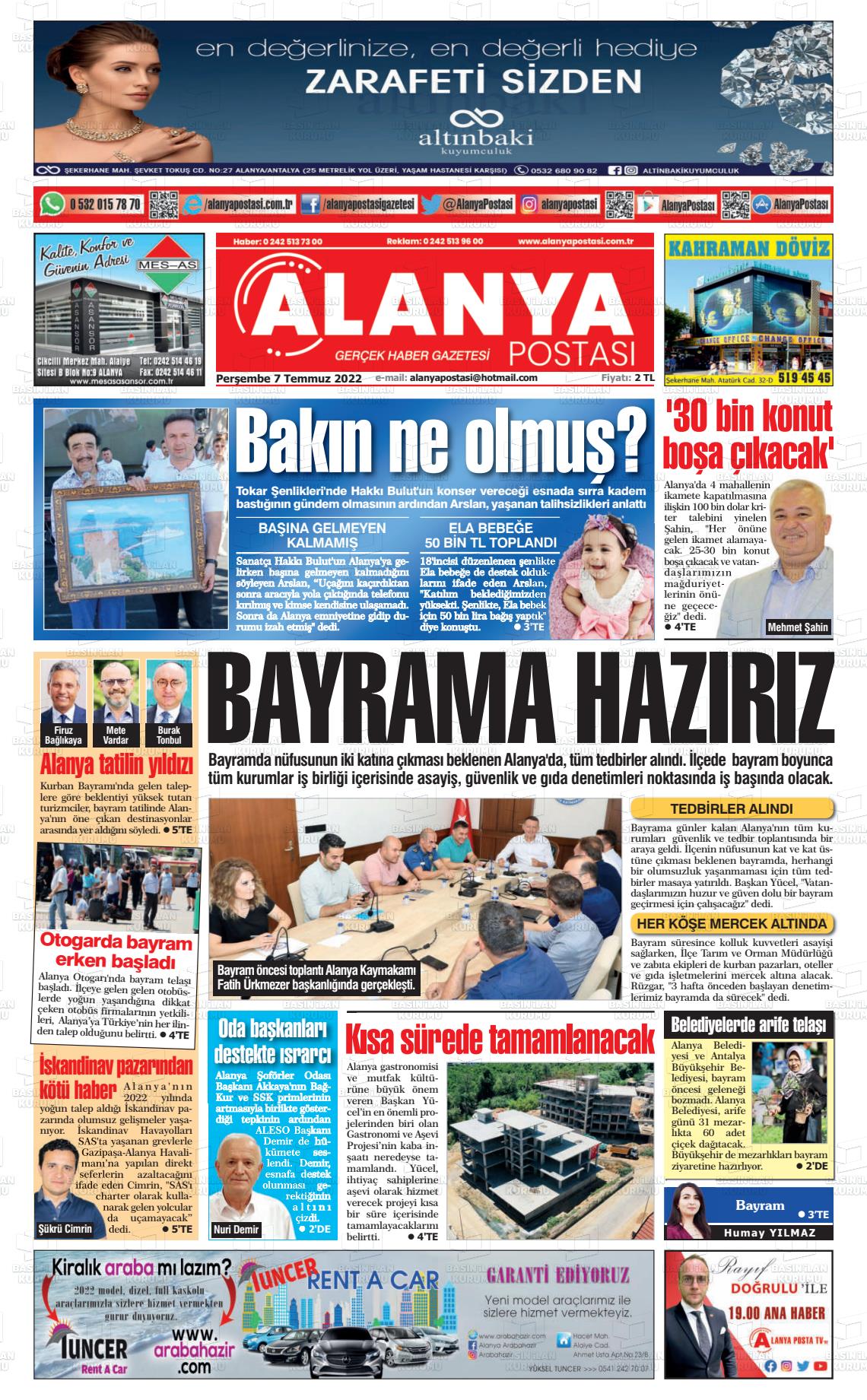 07 Temmuz 2022 Alanya Postası Gazete Manşeti