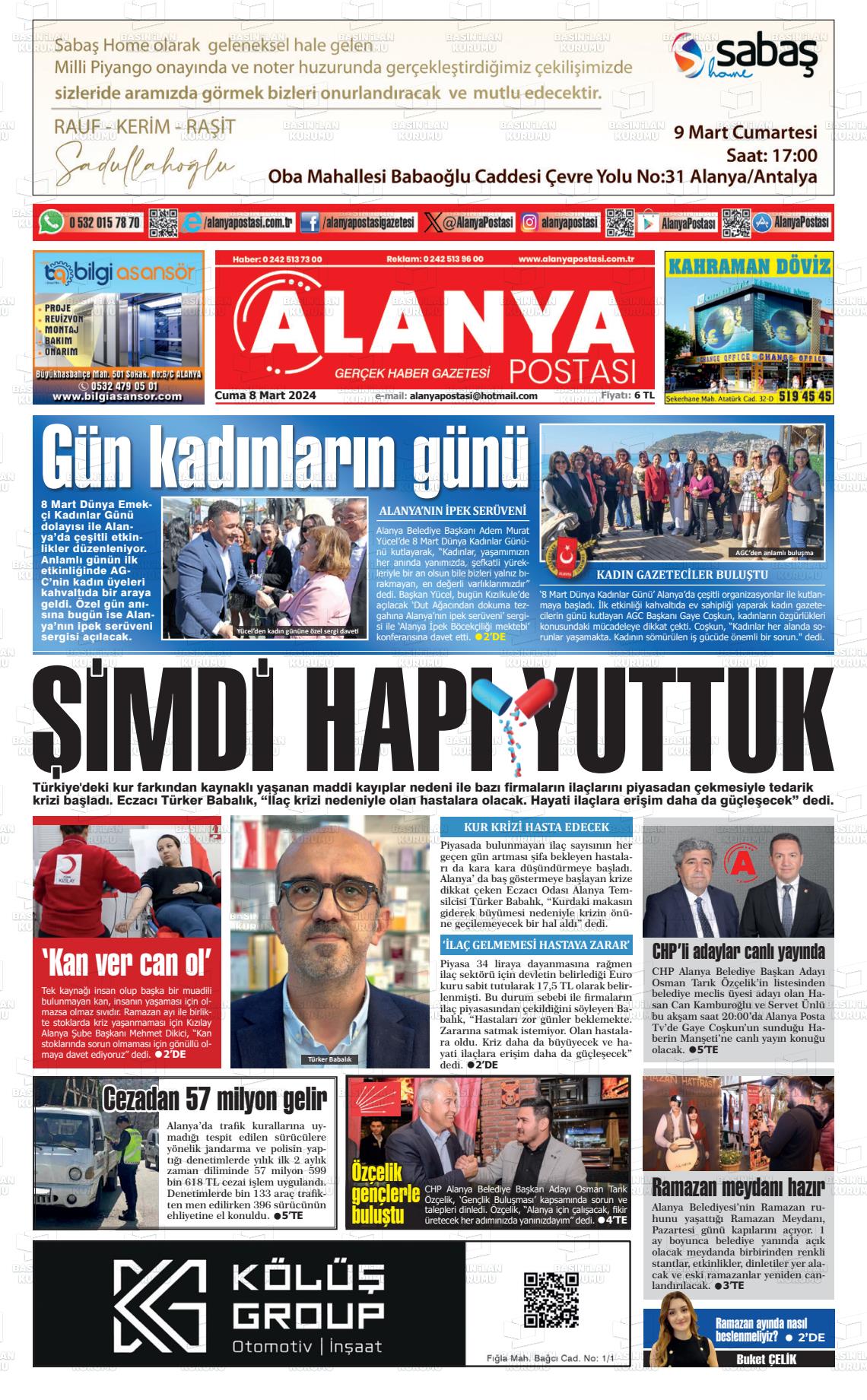 08 Mart 2024 Alanya Postası Gazete Manşeti