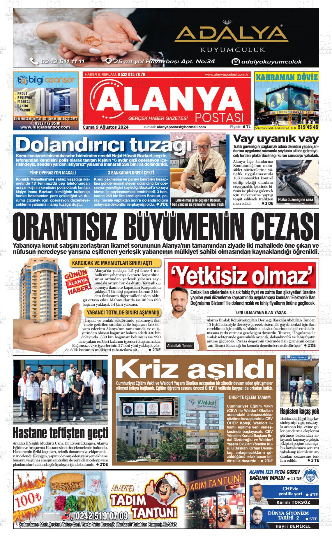 09 Ağustos 2024 Alanya Postası Gazete Manşeti