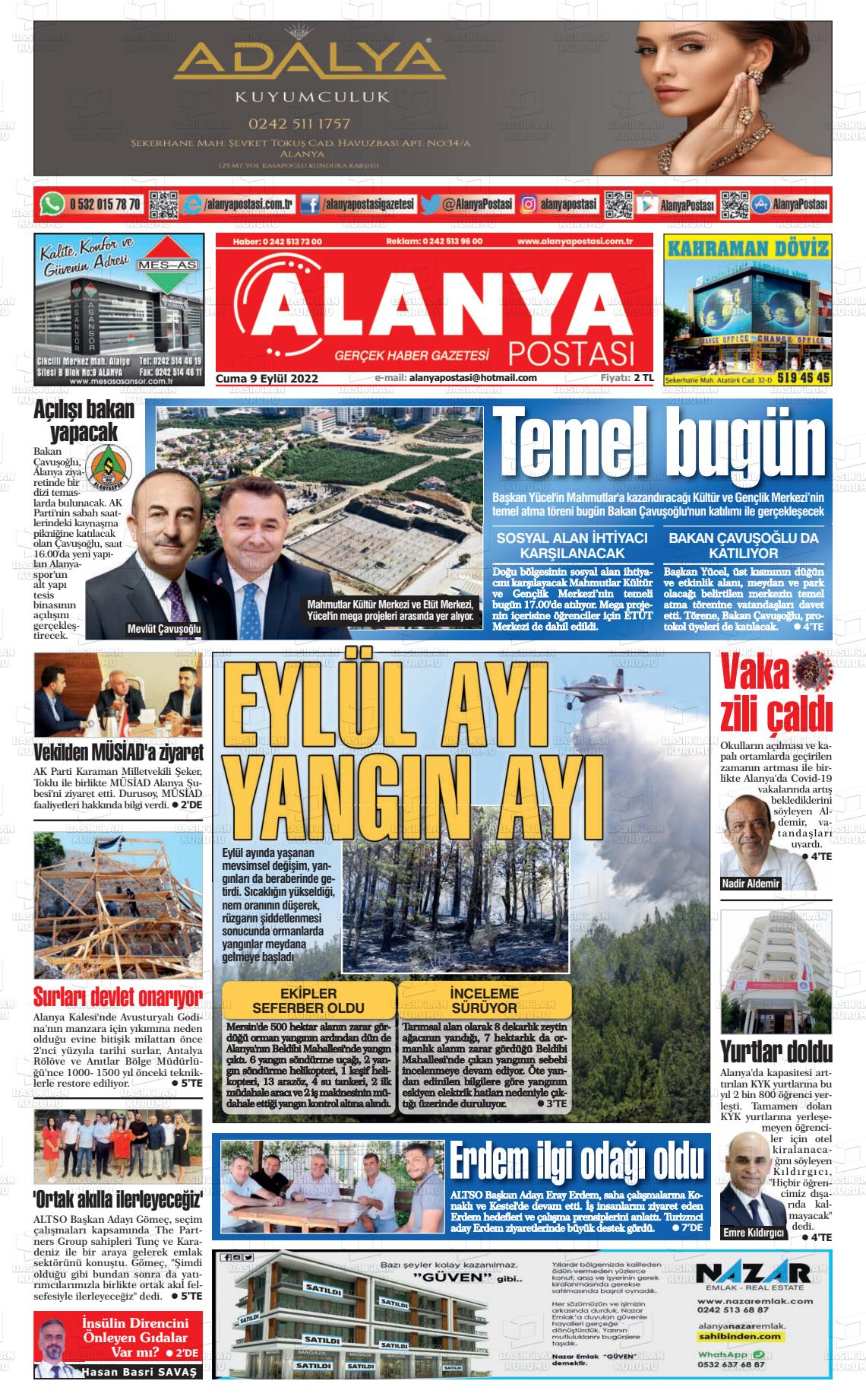 09 Eylül 2022 Alanya Postası Gazete Manşeti