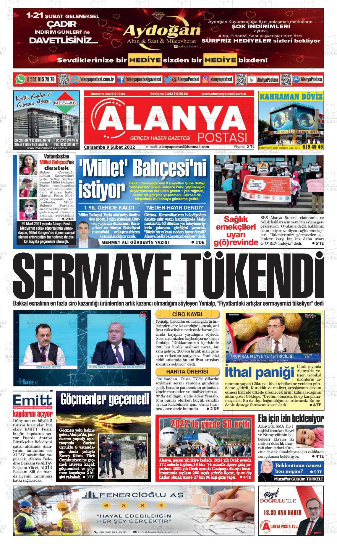 09 Şubat 2022 Alanya Postası Gazete Manşeti