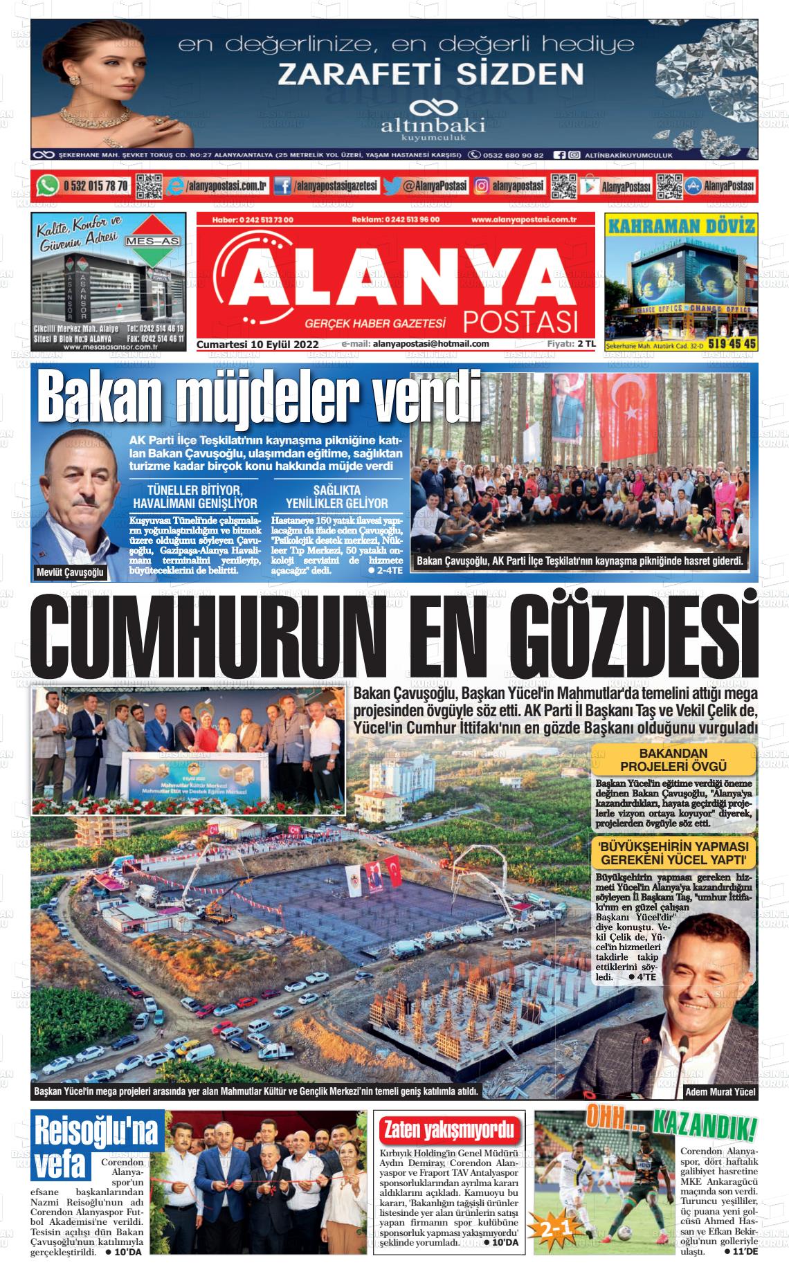 10 Eylül 2022 Alanya Postası Gazete Manşeti