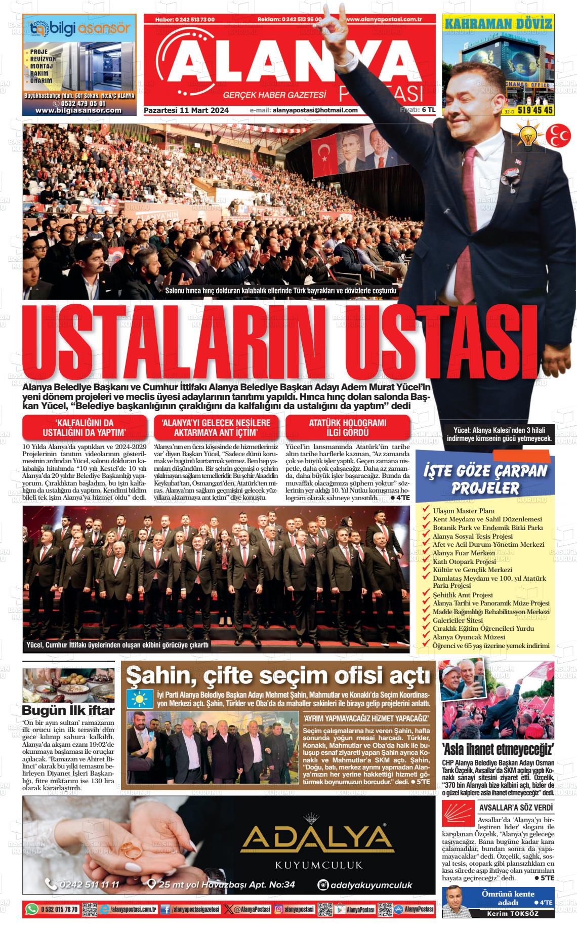 11 Mart 2024 Alanya Postası Gazete Manşeti