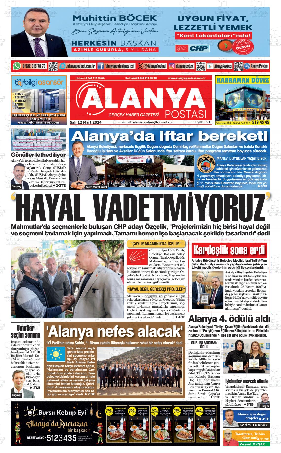 12 Mart 2024 Alanya Postası Gazete Manşeti