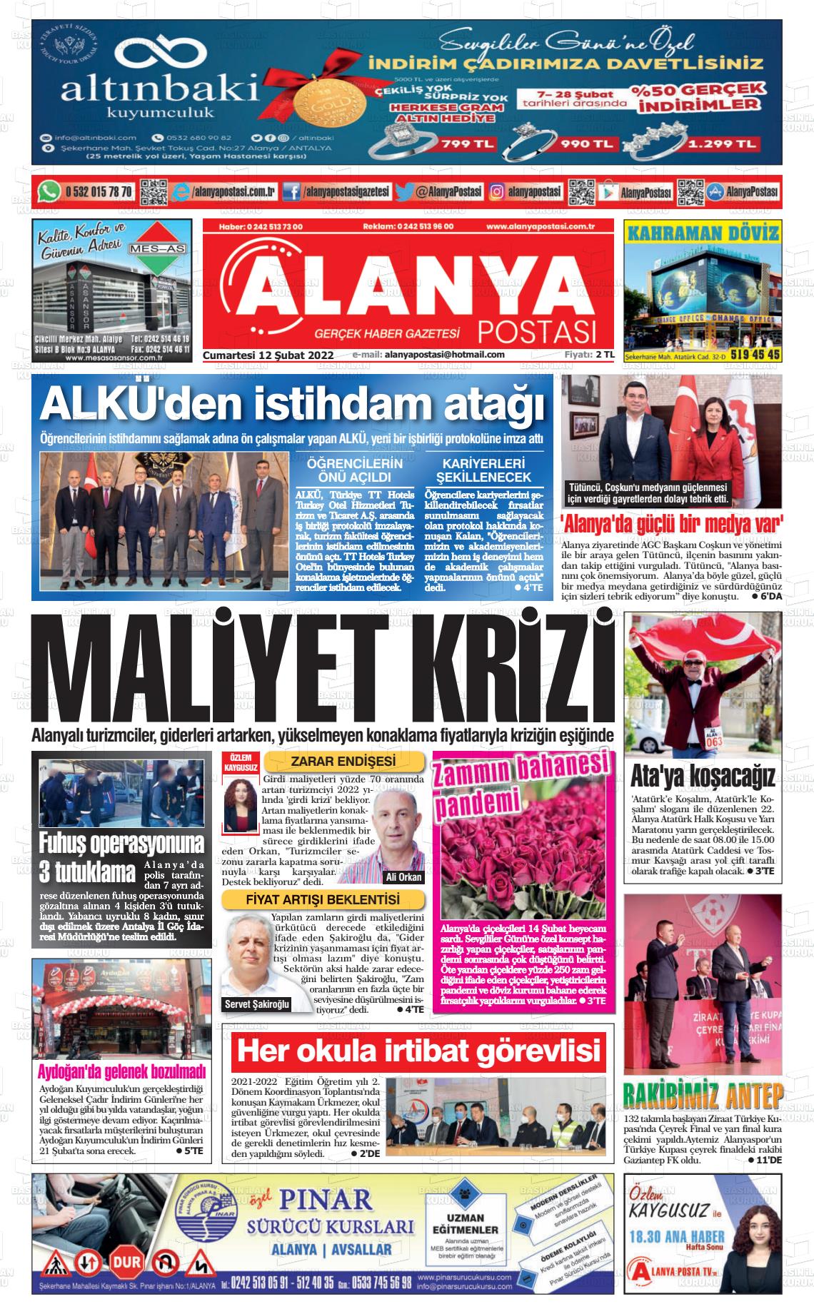 12 Şubat 2022 Alanya Postası Gazete Manşeti