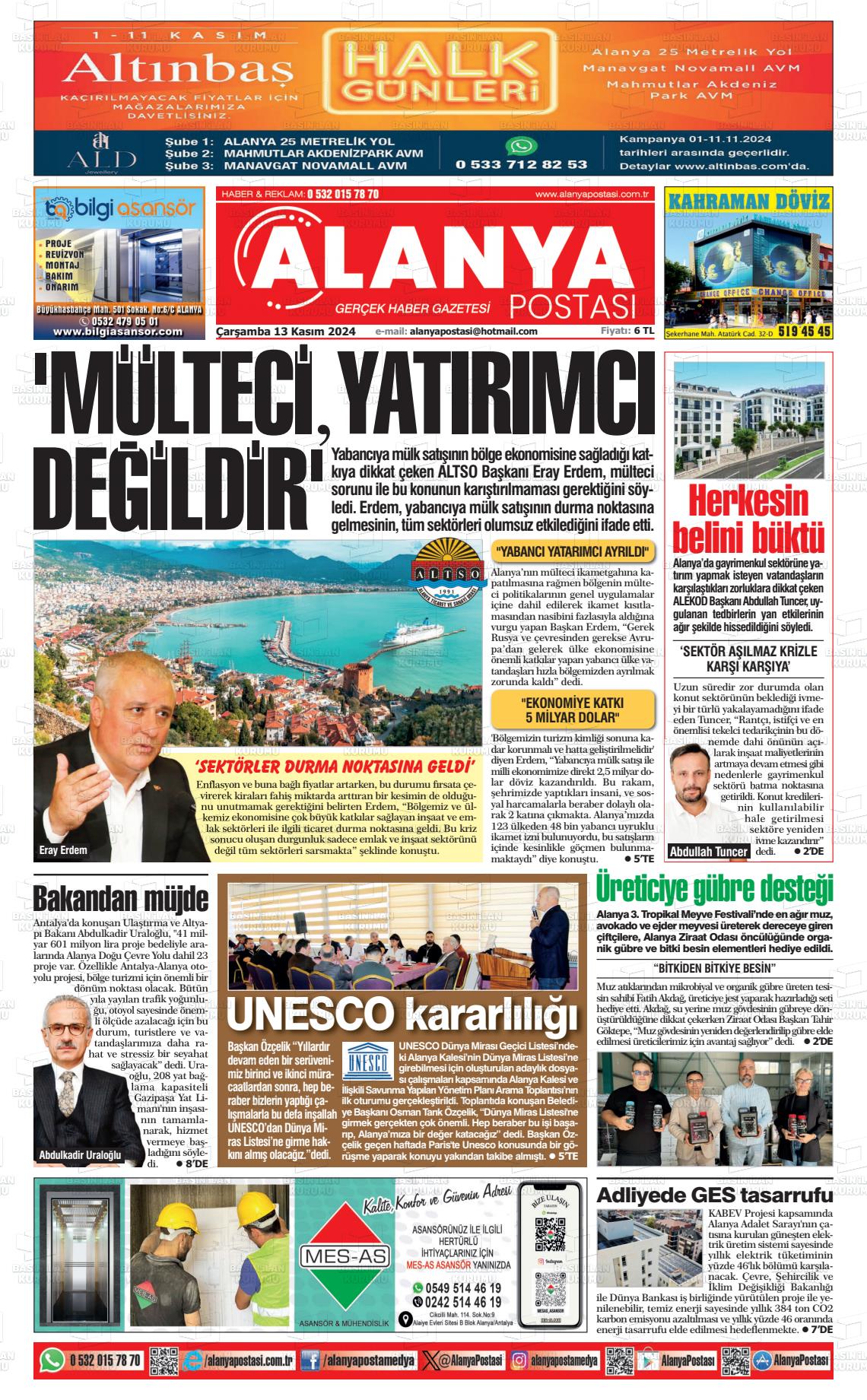 13 Kasım 2024 Alanya Postası Gazete Manşeti