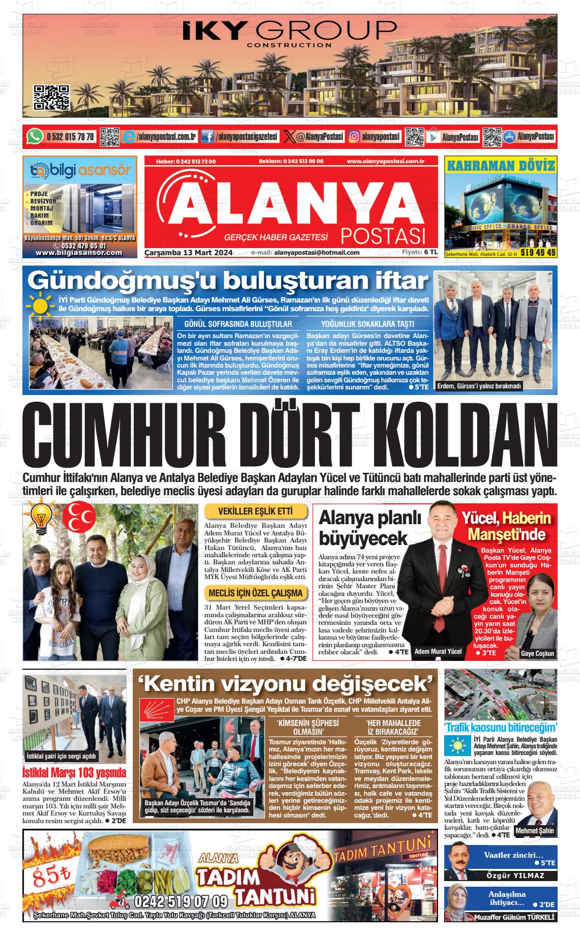 13 Mart 2024 Alanya Postası Gazete Manşeti