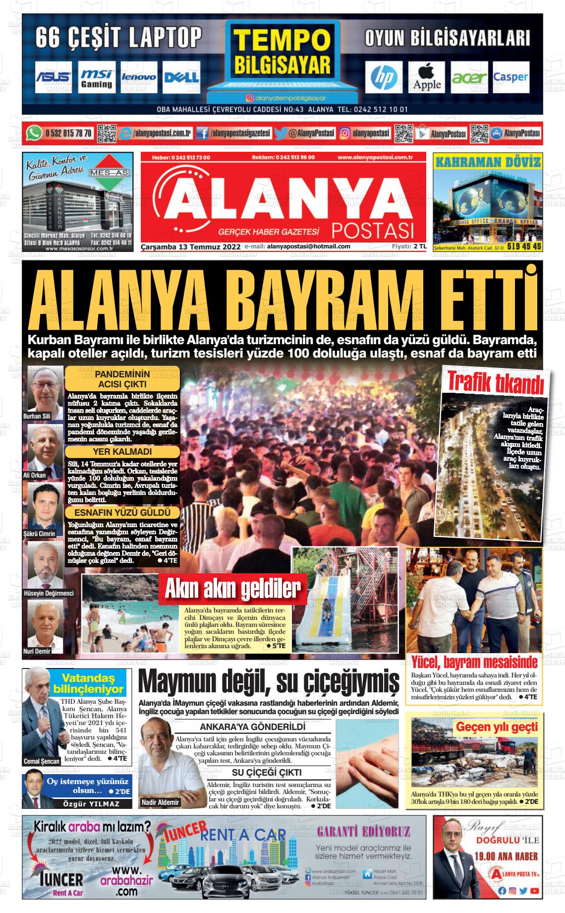 13 Temmuz 2022 Alanya Postası Gazete Manşeti