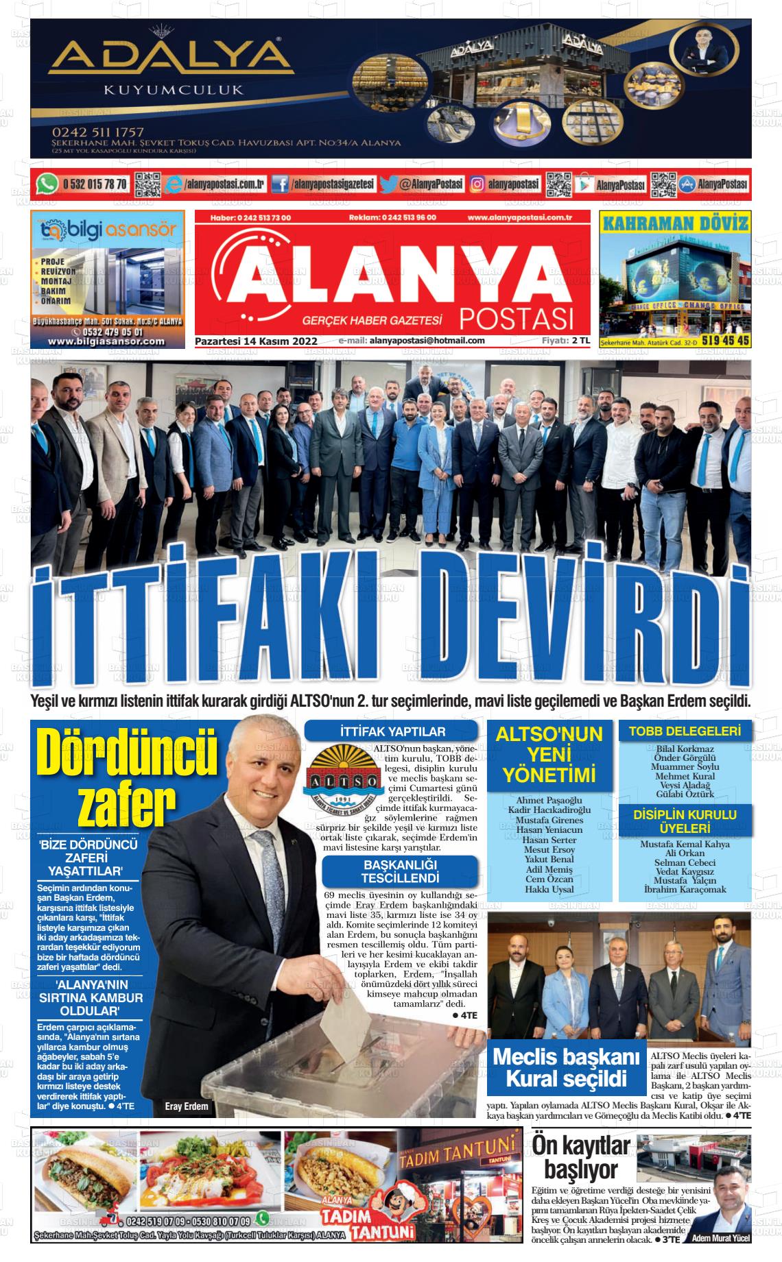 14 Kasım 2022 Alanya Postası Gazete Manşeti