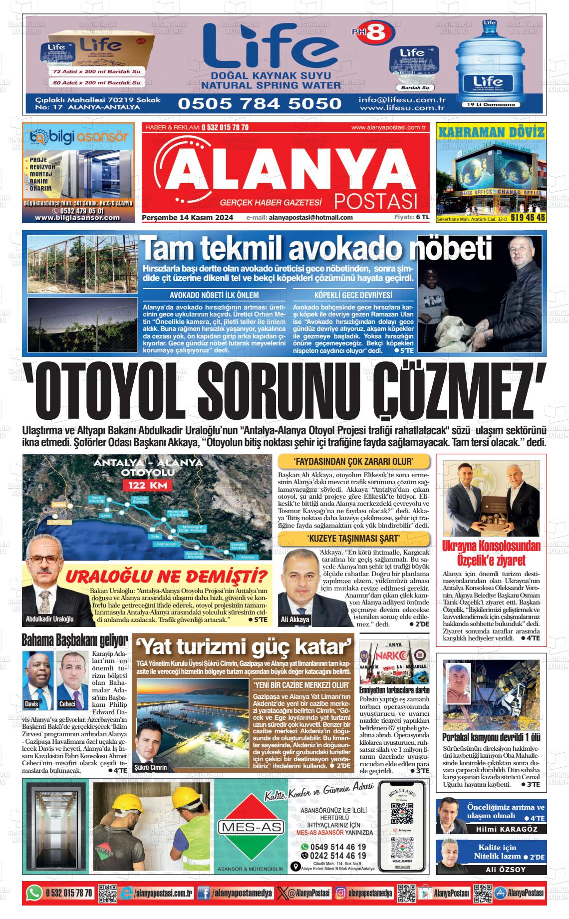 14 Kasım 2024 Alanya Postası Gazete Manşeti