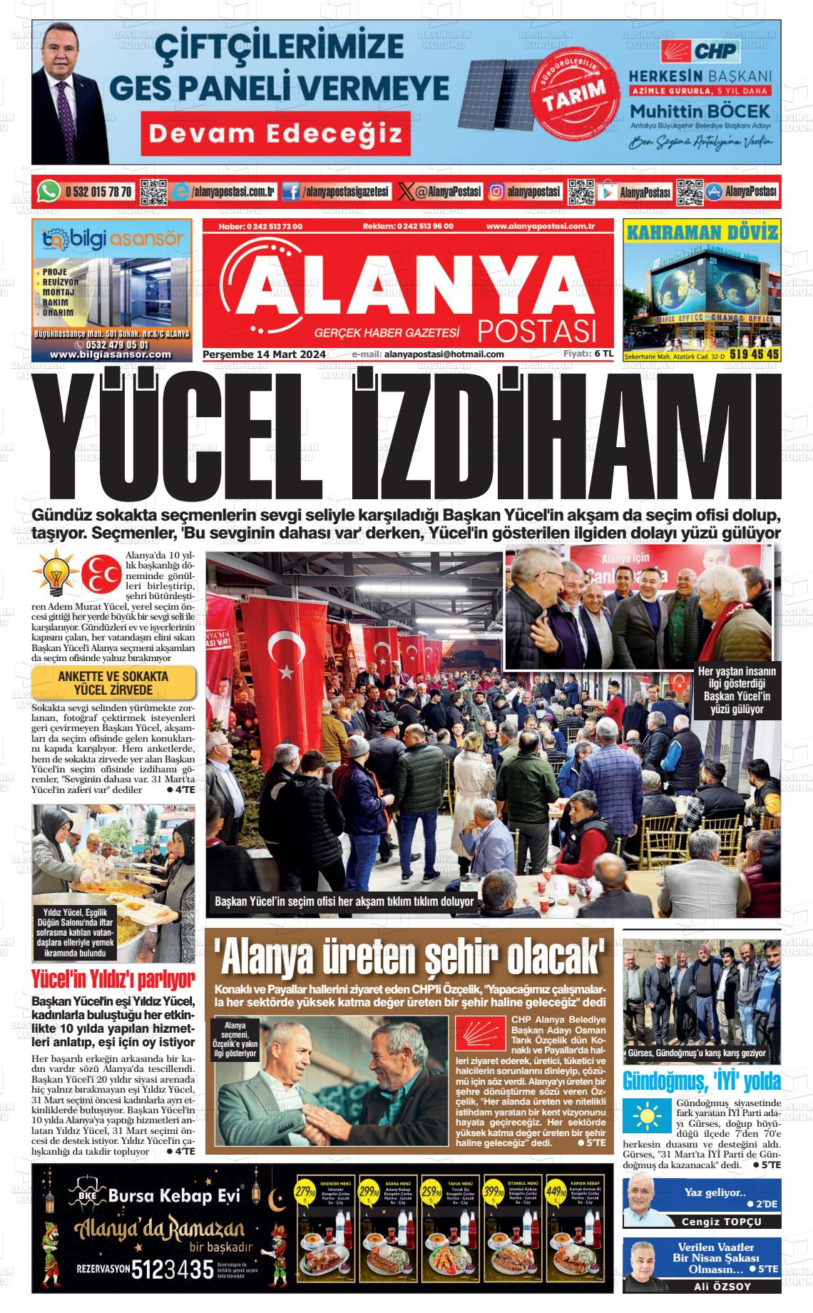 14 Mart 2024 Alanya Postası Gazete Manşeti