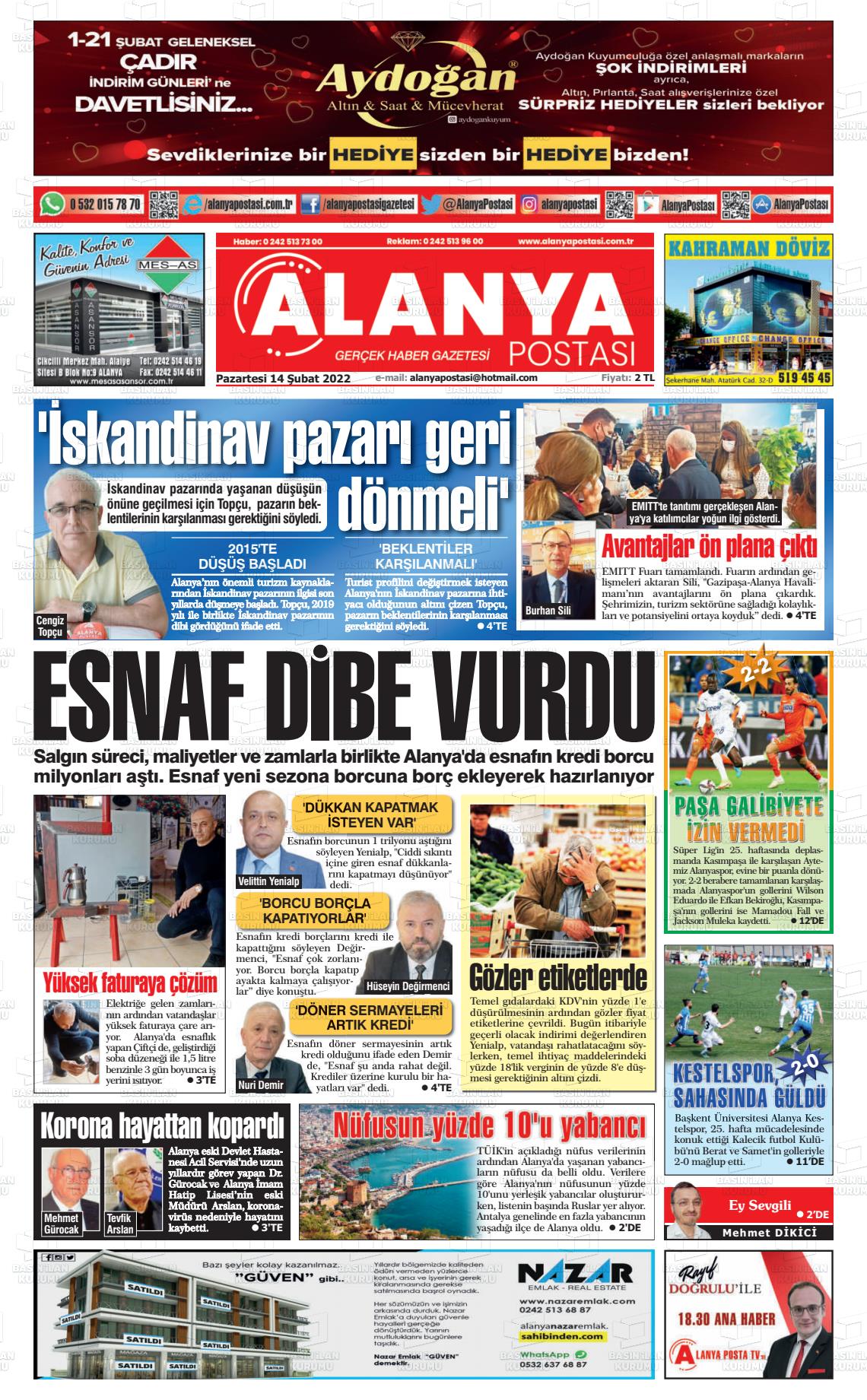 14 Şubat 2022 Alanya Postası Gazete Manşeti