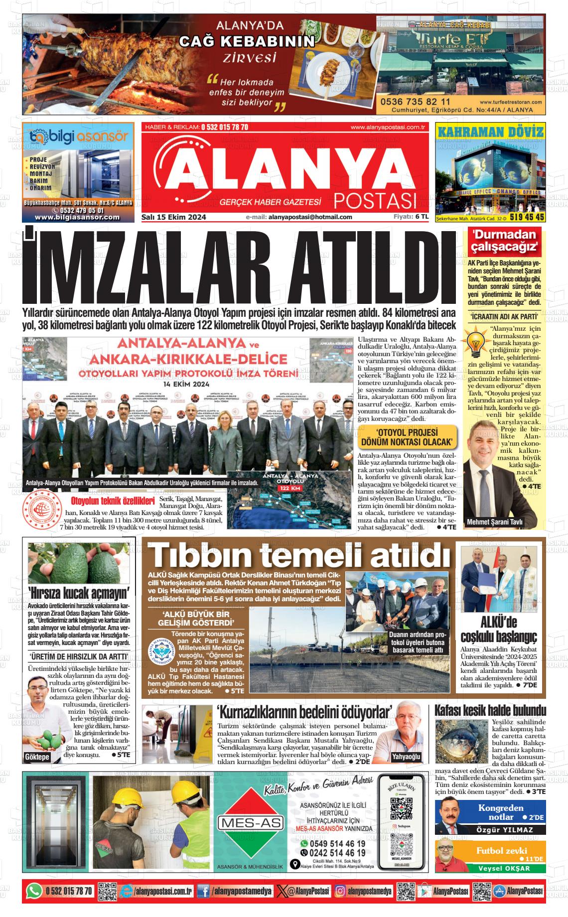 15 Ekim 2024 Alanya Postası Gazete Manşeti