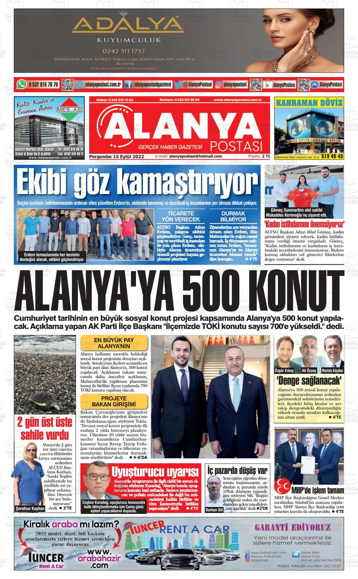 15 Eylül 2022 Alanya Postası Gazete Manşeti