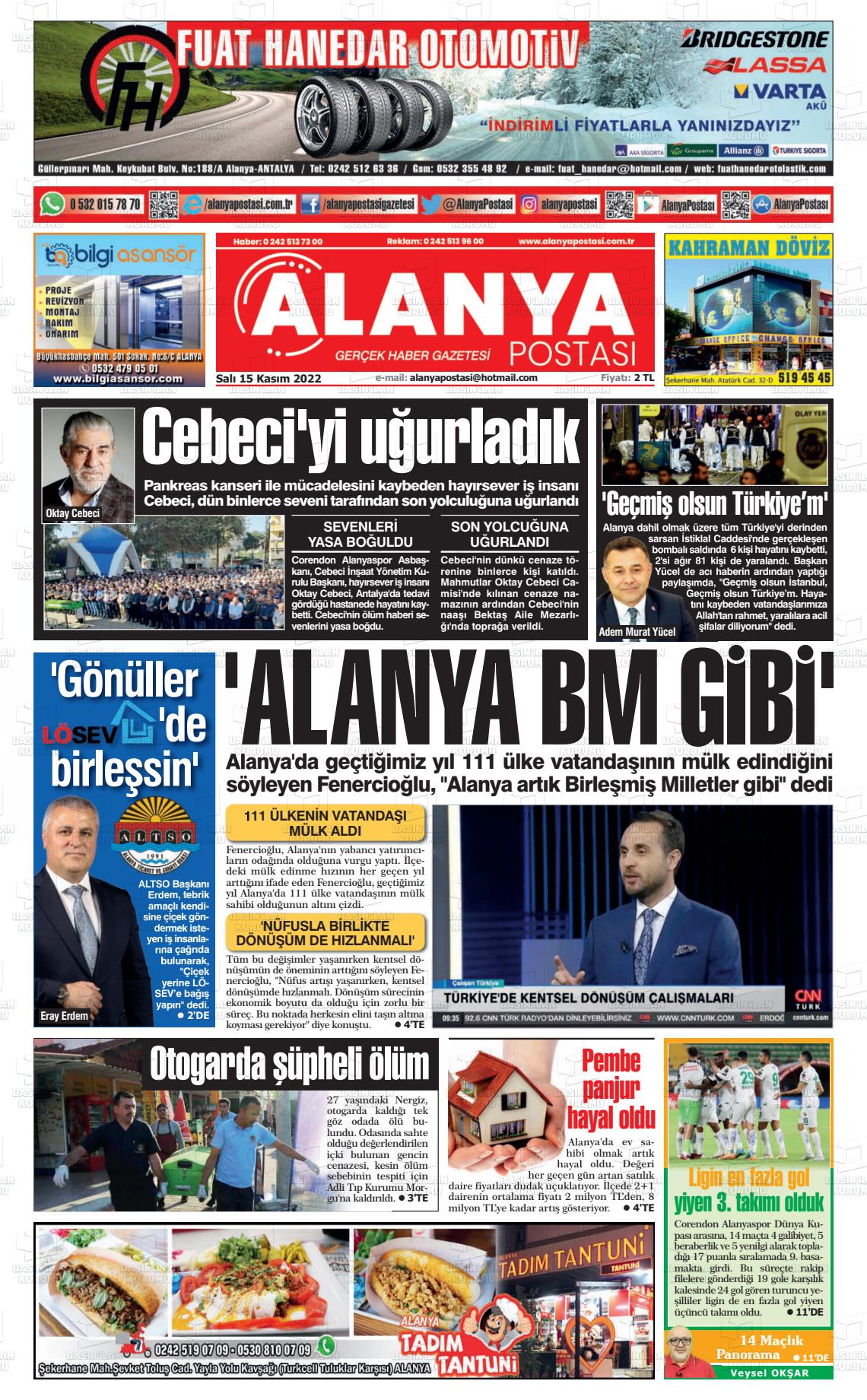 15 Kasım 2022 Alanya Postası Gazete Manşeti