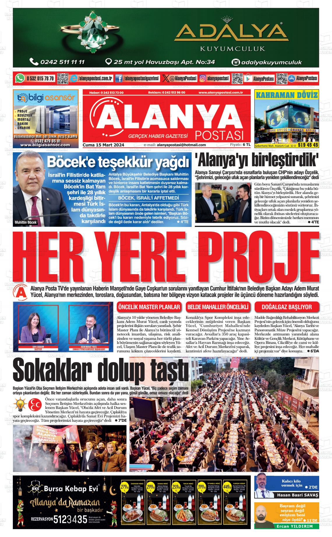 15 Mart 2024 Alanya Postası Gazete Manşeti