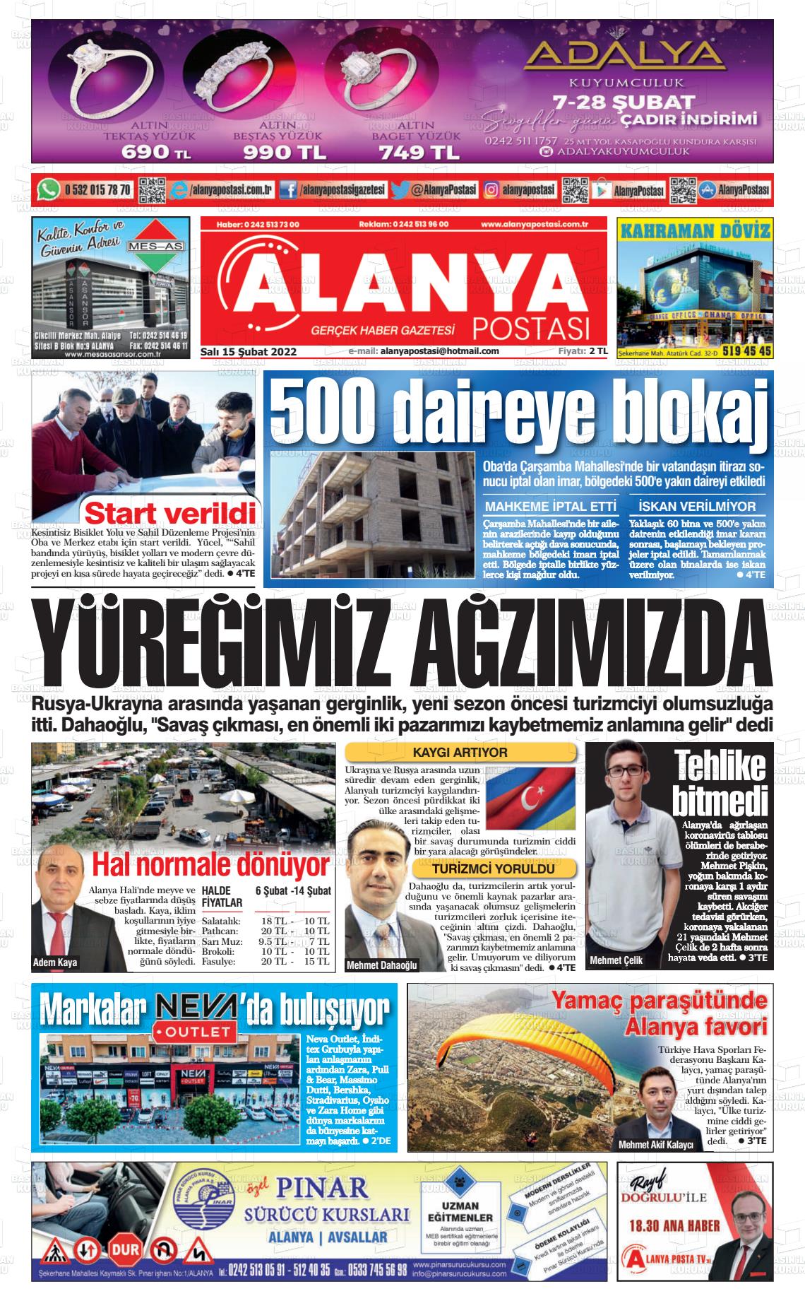 15 Şubat 2022 Alanya Postası Gazete Manşeti