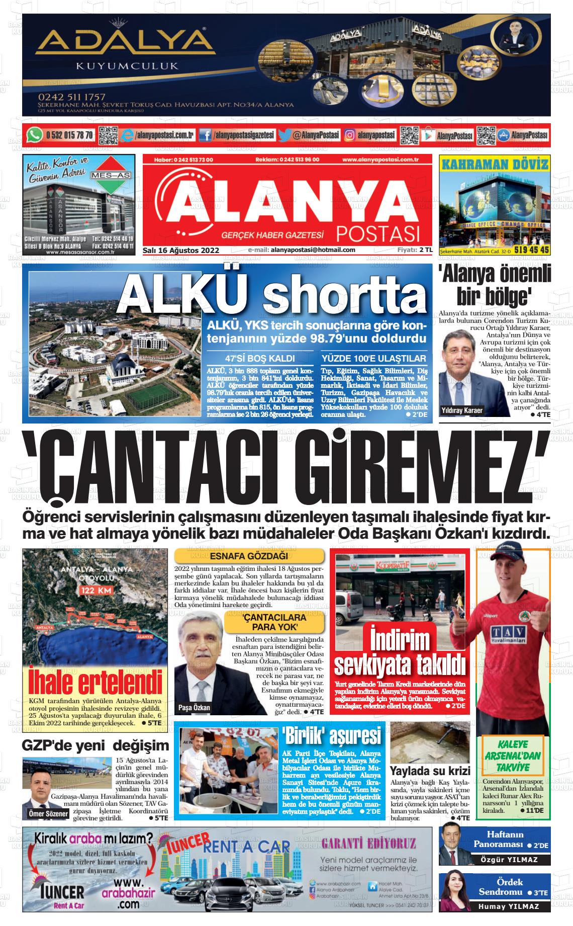 16 Ağustos 2022 Alanya Postası Gazete Manşeti