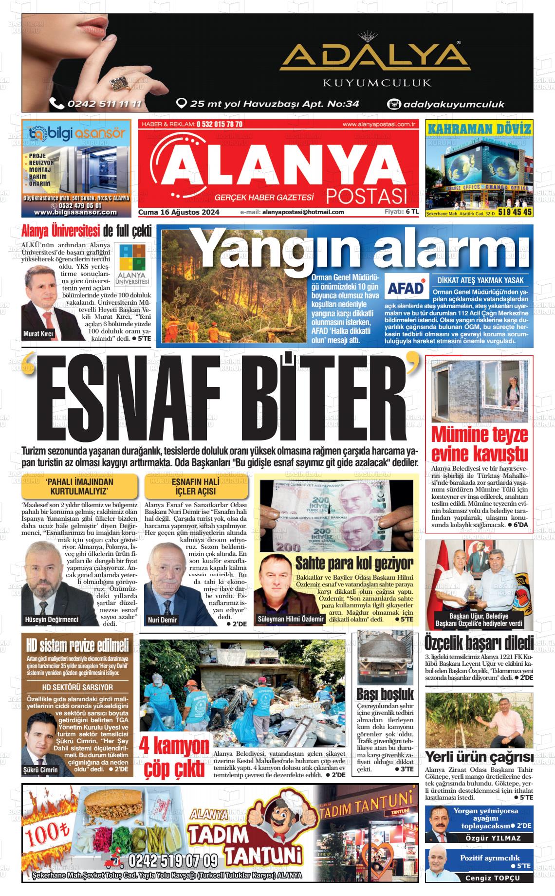 16 Ağustos 2024 Alanya Postası Gazete Manşeti