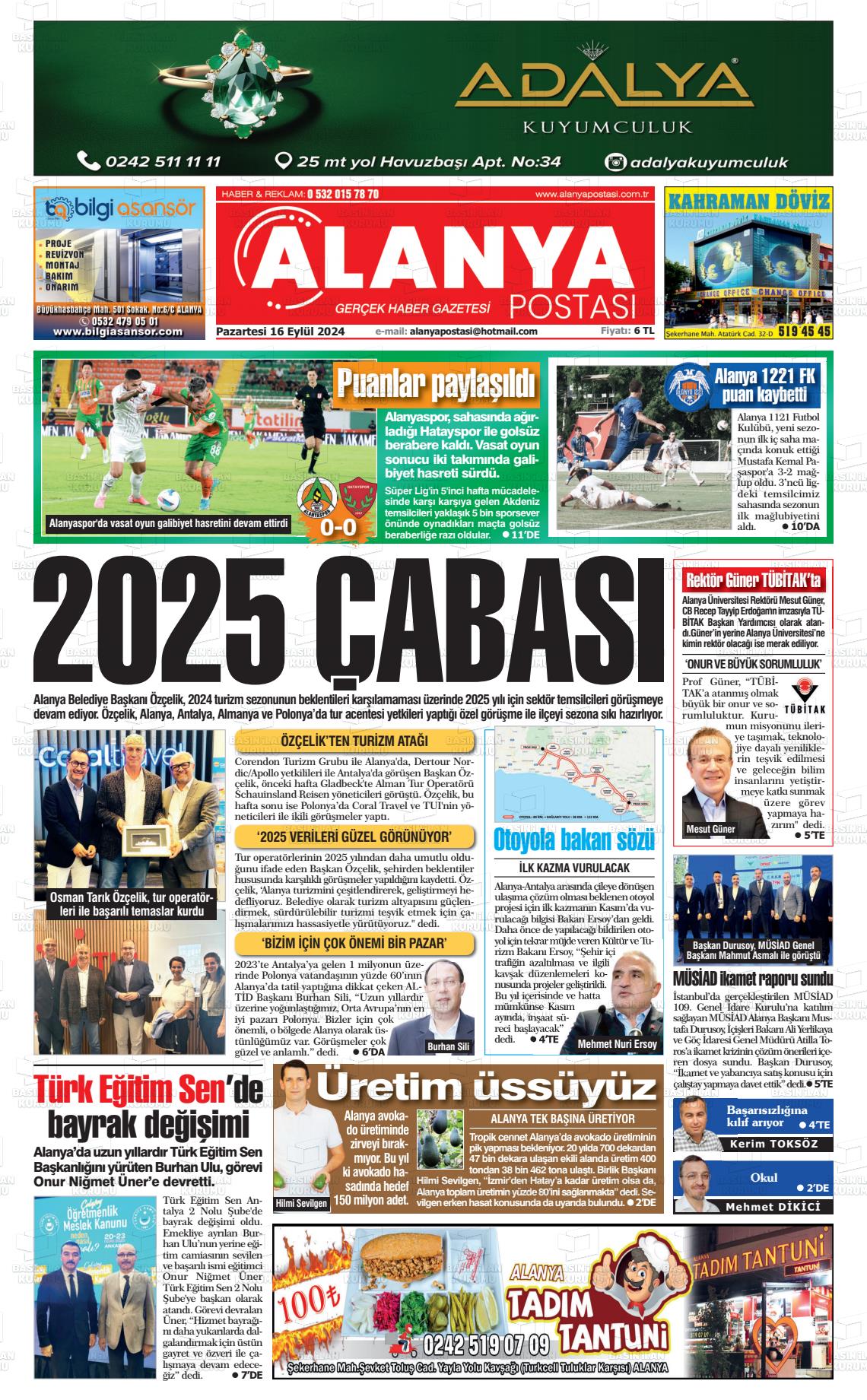 16 Eylül 2024 Alanya Postası Gazete Manşeti