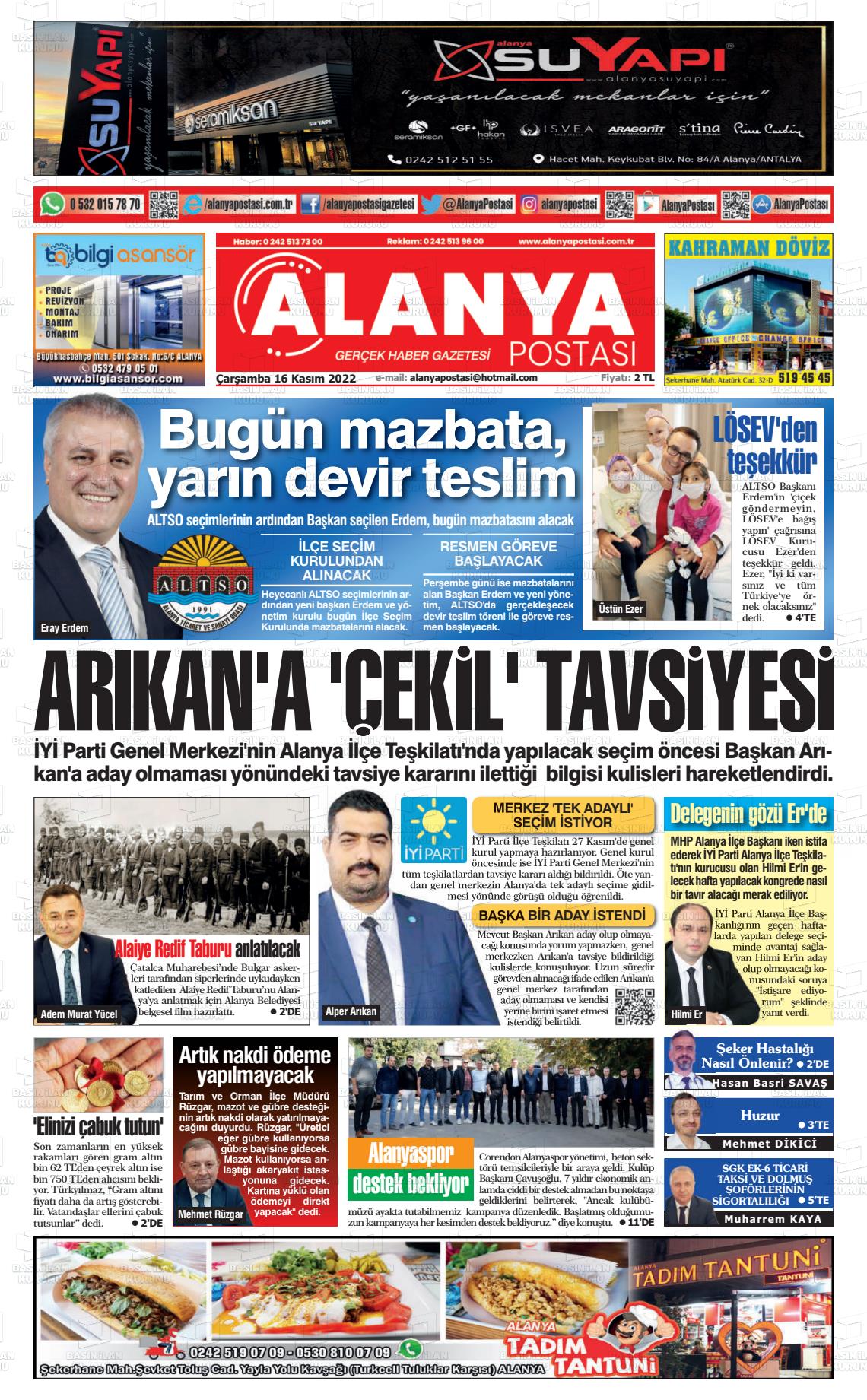 16 Kasım 2022 Alanya Postası Gazete Manşeti