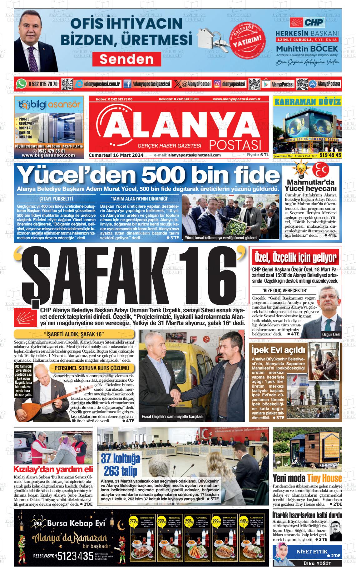 16 Mart 2024 Alanya Postası Gazete Manşeti