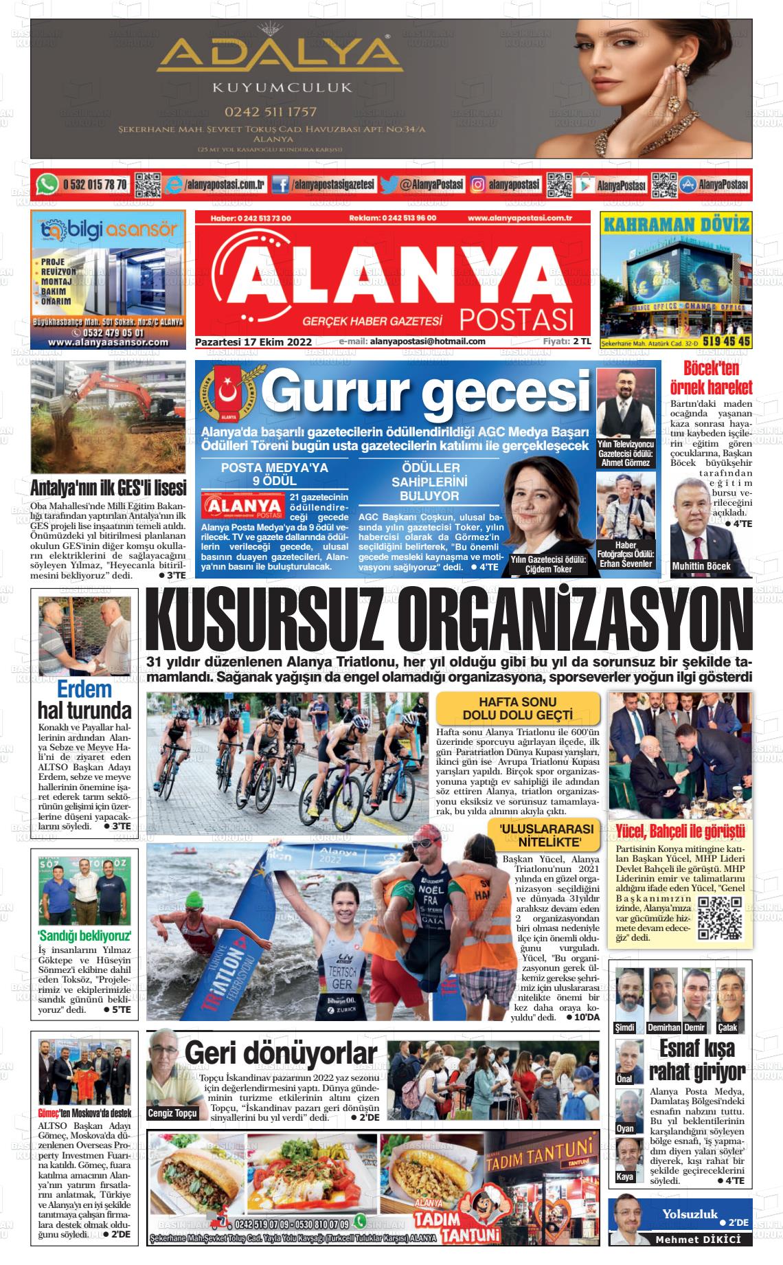 17 Ekim 2022 Alanya Postası Gazete Manşeti