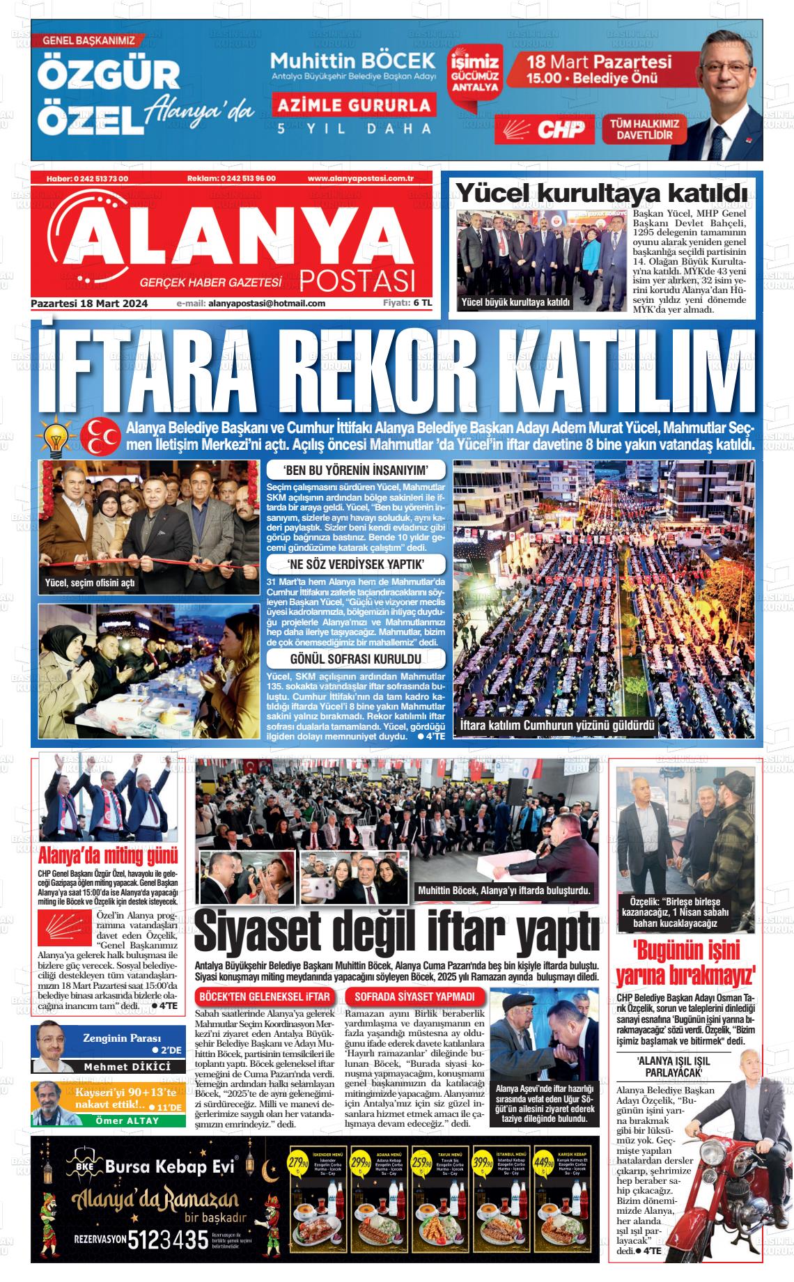 18 Mart 2024 Alanya Postası Gazete Manşeti