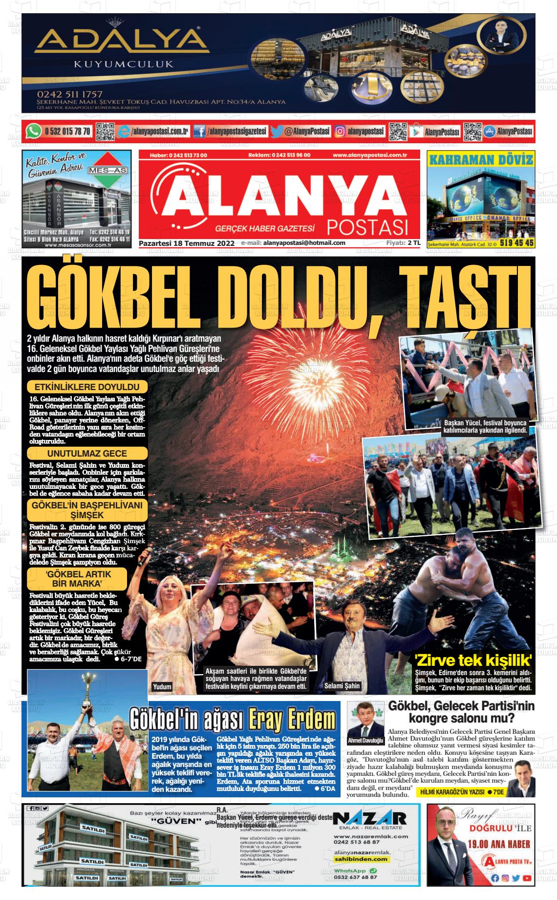 18 Temmuz 2022 Alanya Postası Gazete Manşeti