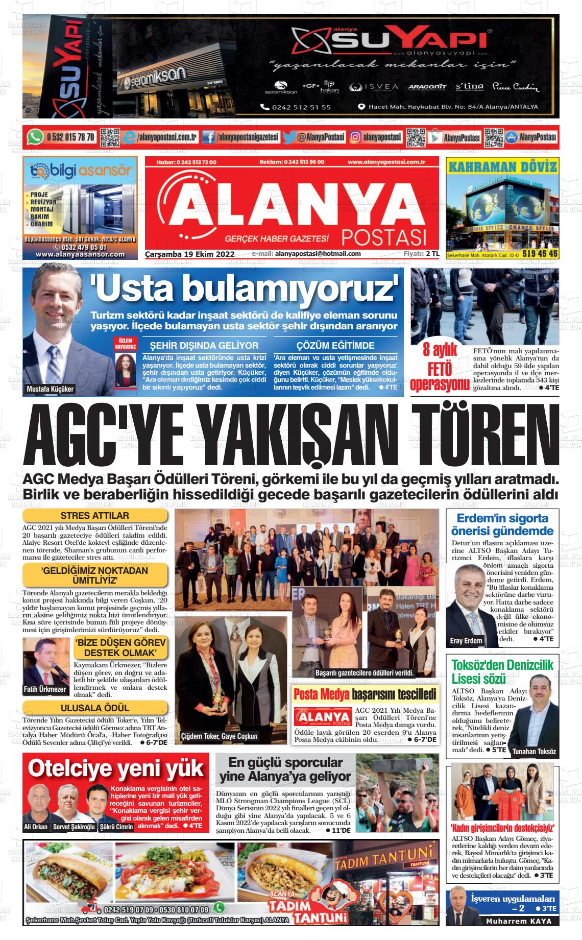 19 Ekim 2022 Alanya Postası Gazete Manşeti