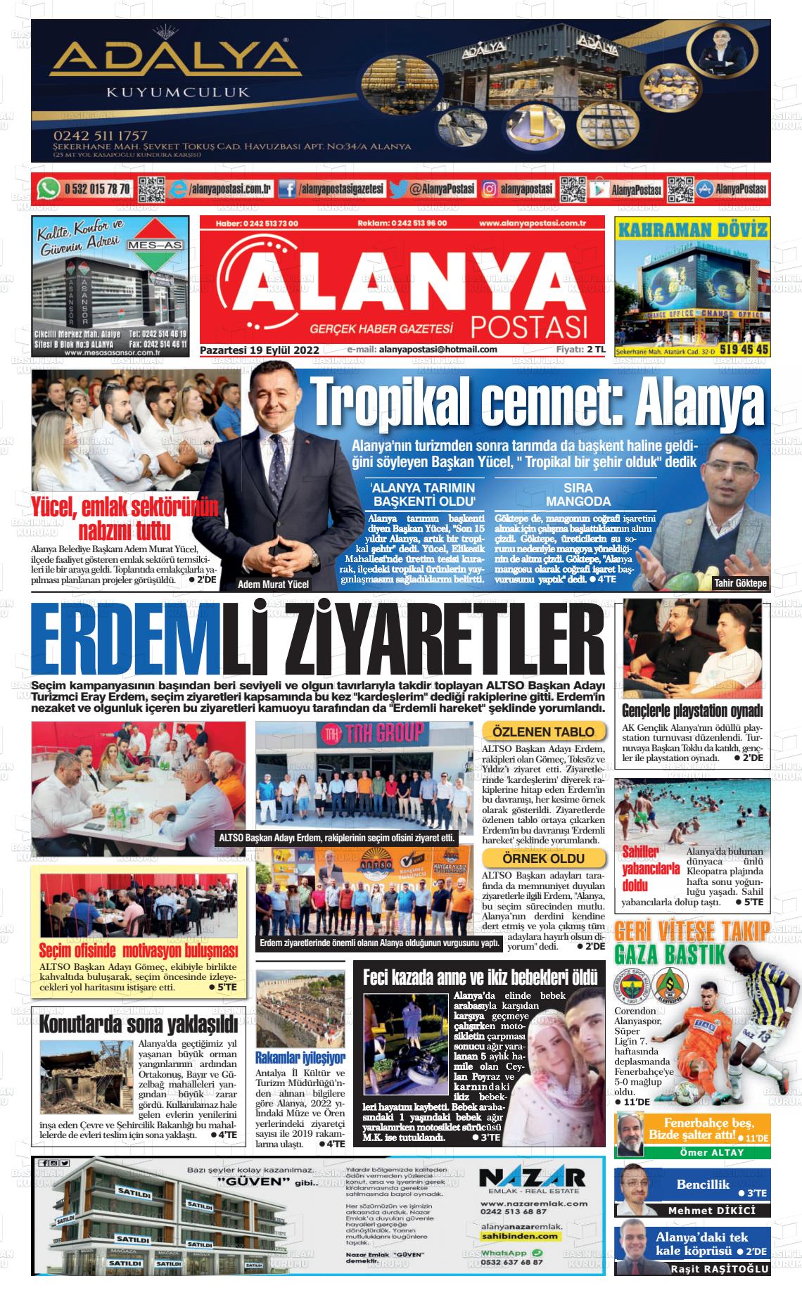 19 Eylül 2022 Alanya Postası Gazete Manşeti