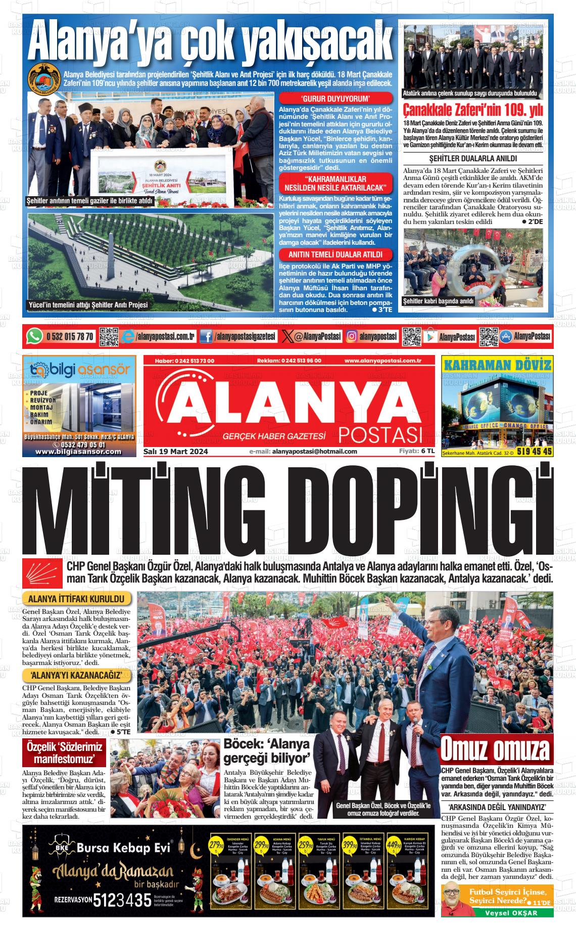 19 Mart 2024 Alanya Postası Gazete Manşeti