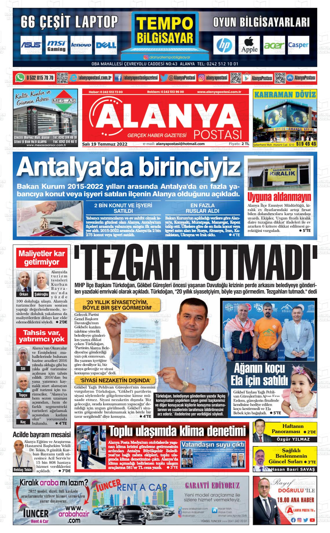 19 Temmuz 2022 Alanya Postası Gazete Manşeti