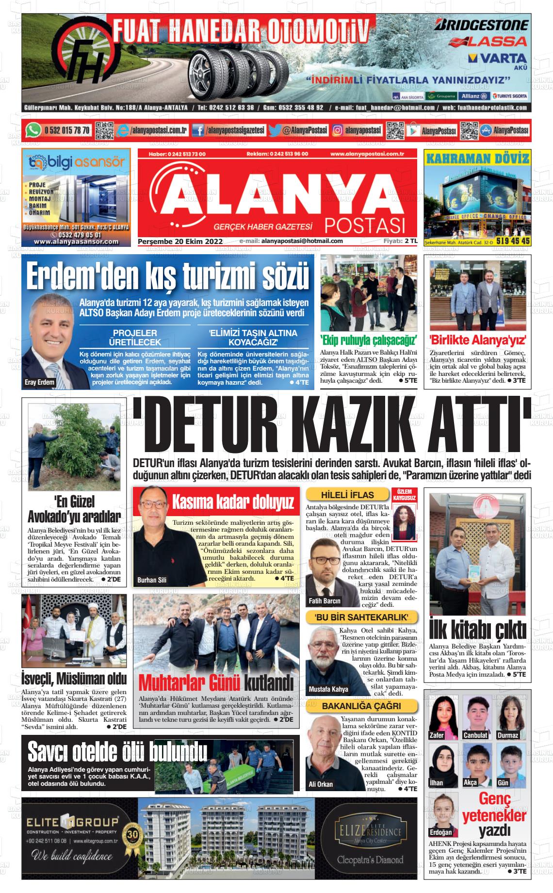 20 Ekim 2022 Alanya Postası Gazete Manşeti