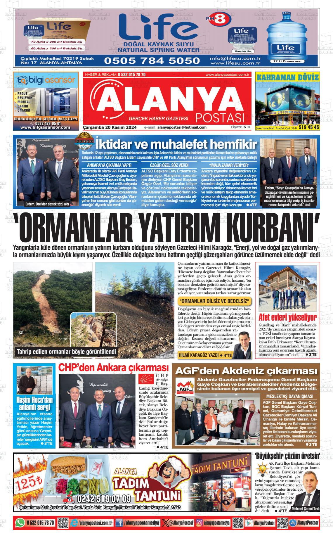 20 Kasım 2024 Alanya Postası Gazete Manşeti