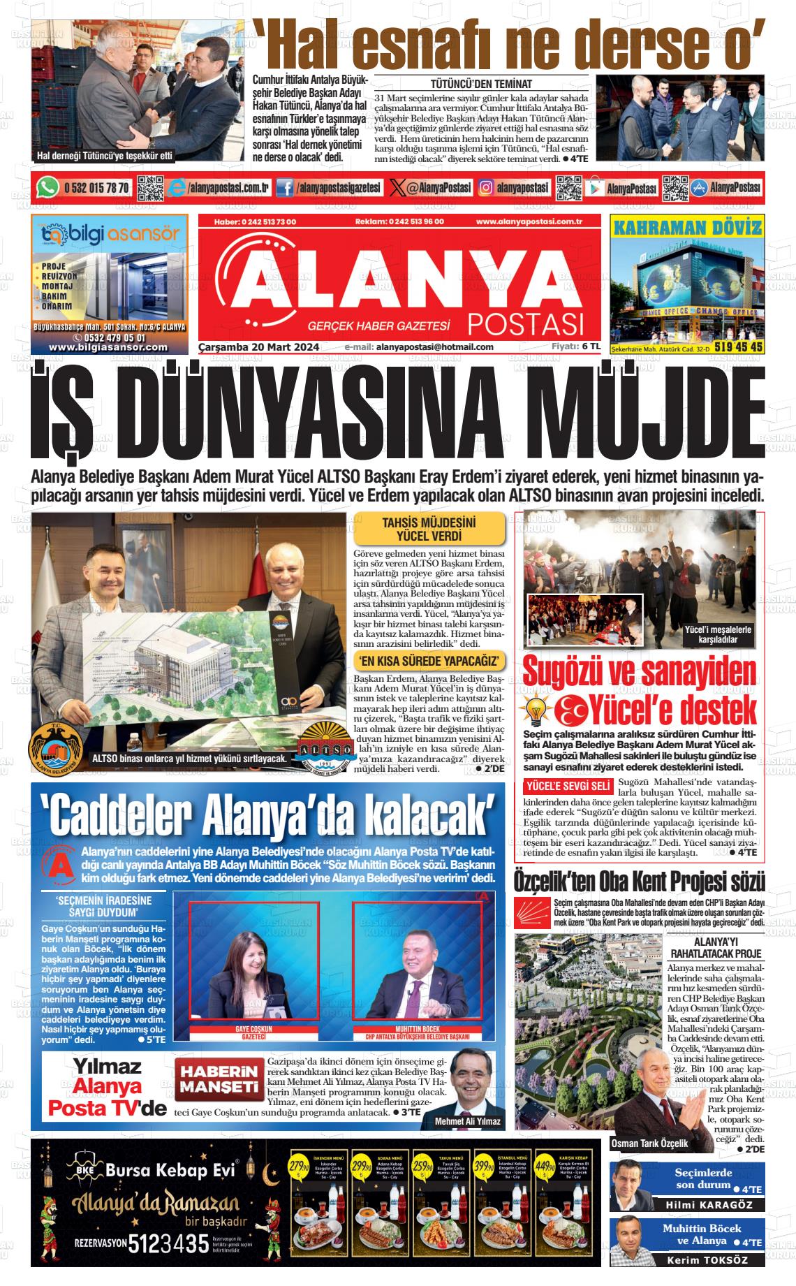 20 Mart 2024 Alanya Postası Gazete Manşeti