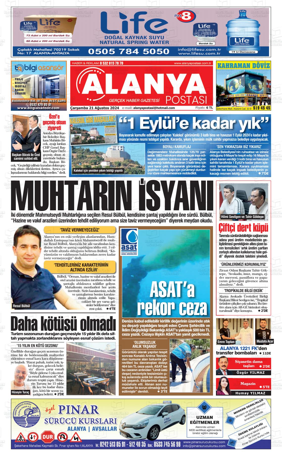 21 Ağustos 2024 Alanya Postası Gazete Manşeti